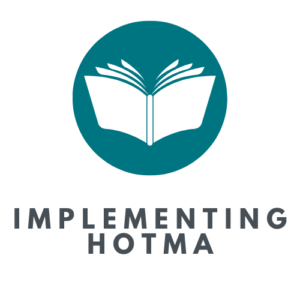 A teal logo featuring an open book inside a circular emblem, with the text "Implementing HOTMA" written below.